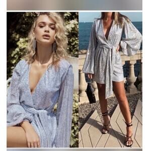 HOUSE OF CB LONDON Silver Sequin Wrap Mini Dress Size XS